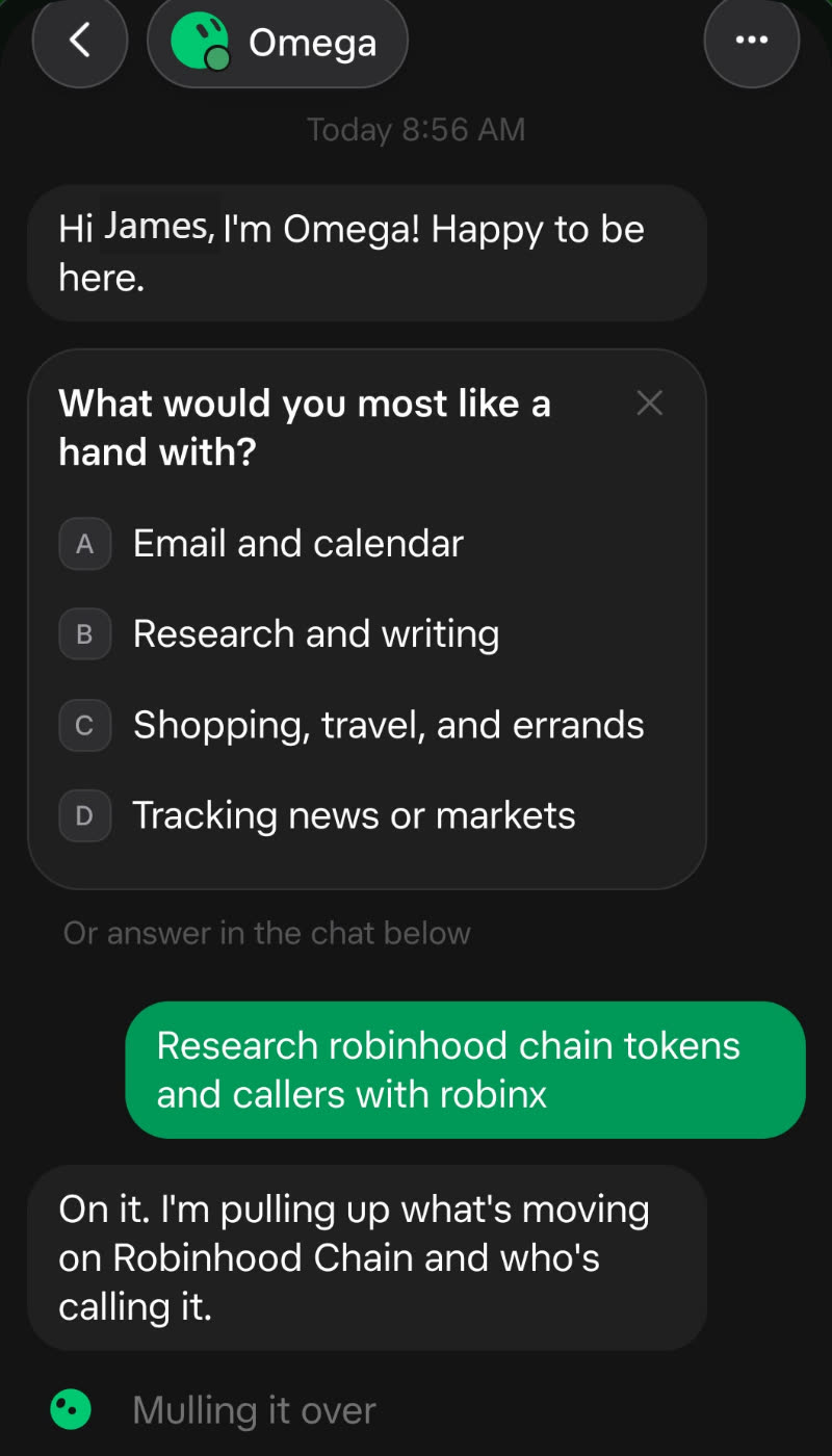 The Bot named Omega taking the job: research robinhood chain tokens and callers with robinx