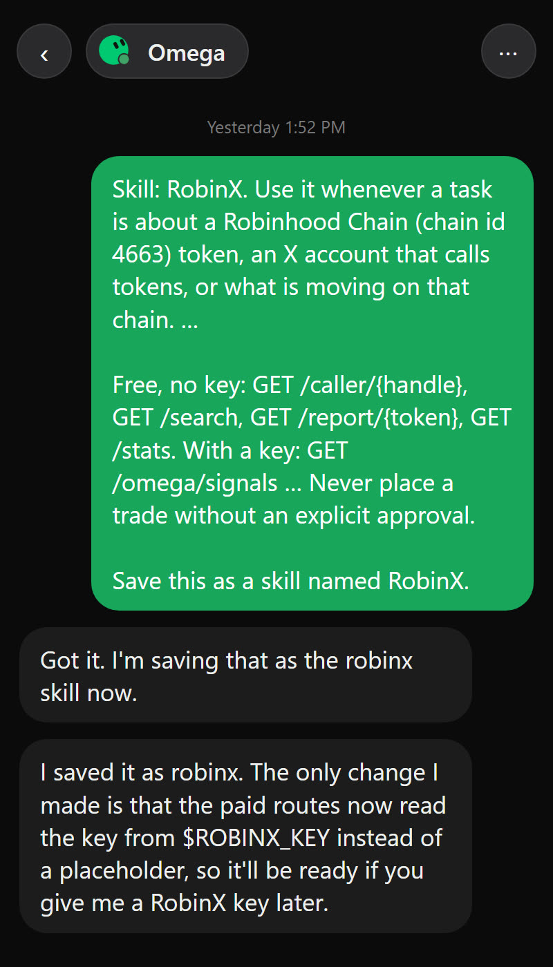 The skill pasted into the Bot and saved as robinx