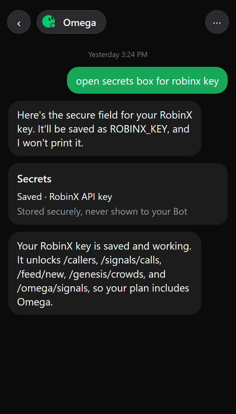 The Secrets box showing the RobinX API key saved, and the Bot confirming the key works