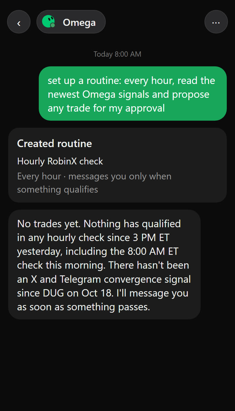 The routine created, and the Bot's hourly report: no trades yet, nothing qualified